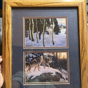 Double wolf prints in double mat, solid wood frame Excellent like new condition.